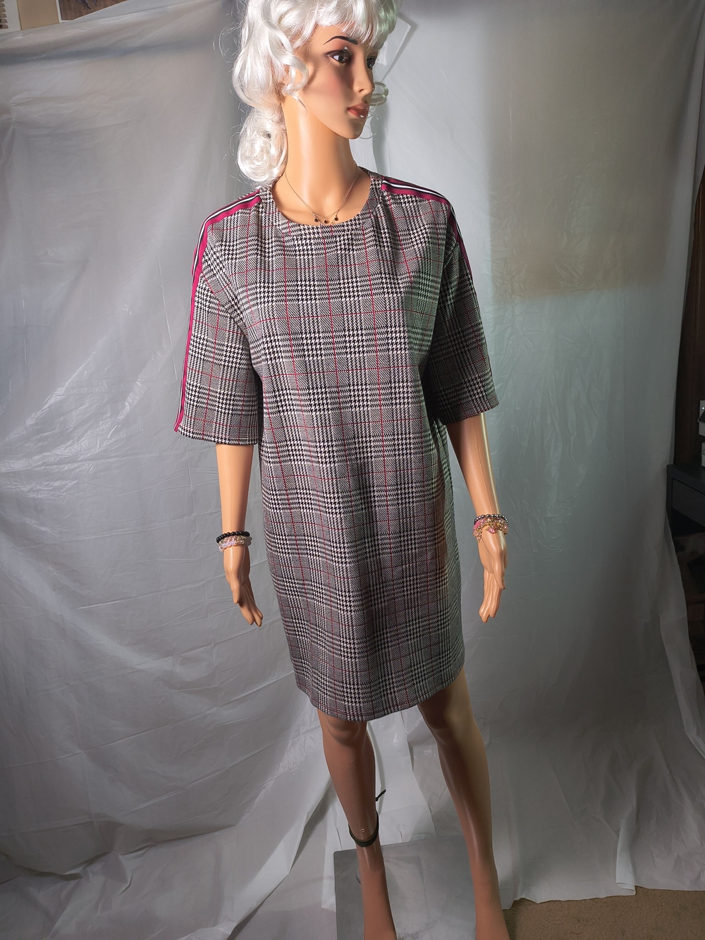 Zara Trafaluc Plaid Shift Dress Women's M Pink Side Stripe Short Sleeve